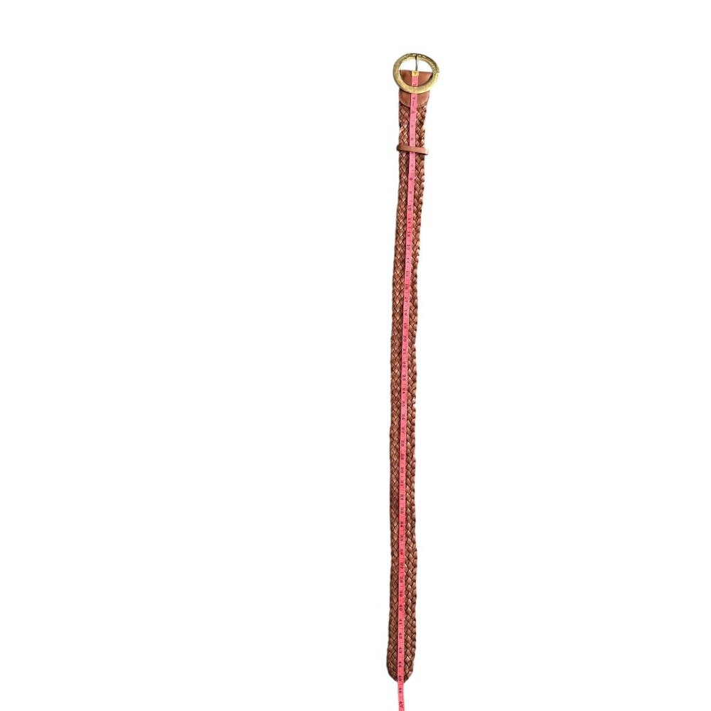 Chico's Macarthy Brown Woven Leather Belt Oversized Brass Buckle 45" Adjustable - Picture 6 of 11